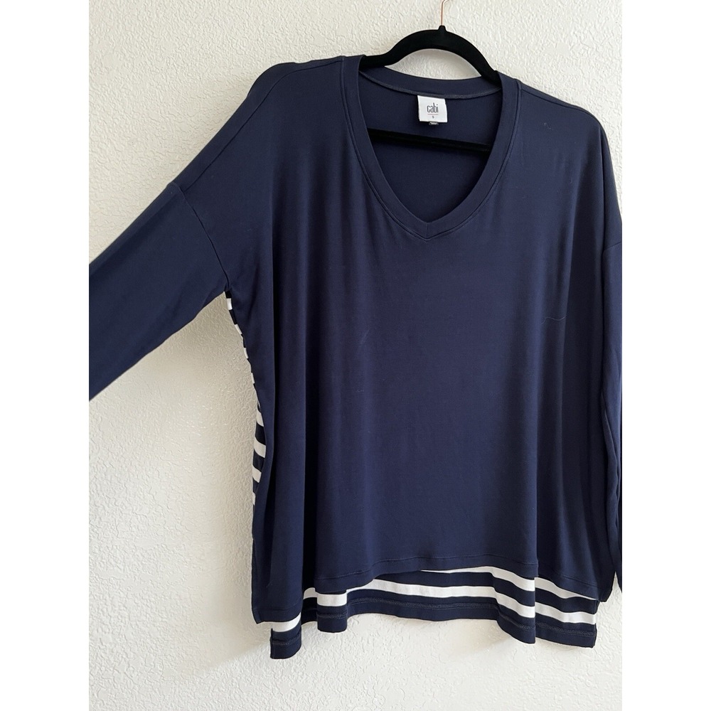 Cabi Womens Navy Blue Striped Back V-Neck Long Sleeve Top Style 5742 Size S